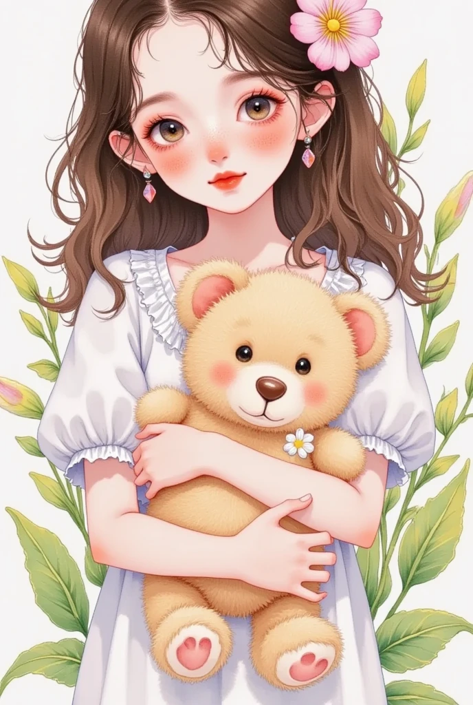 Anime girl holding a teddy bear,  animated drawing by Ayami Kojima , pixiv, analytical art, Lovely realistic portrait ,  soft anime illustration , artstrationTrend , cute kawaii girl, Lovely art style, portrait of  cute anime girl , 水彩插画风格,  cute anime girl  portrait,  cute anime girl ,   Realistic Cute Girl Paintings ,  Lovely illustrations , Lovely portrait