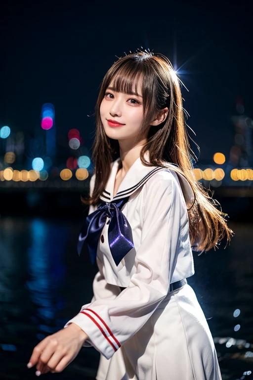 Image resolution 8K、masterpiece:1.3、cute、1 girl、(魅力的なBody Type:1.2)、abdomen:1.1、Dark brown hairstyle:1.1、(Body Type:1.2)、Ultra-detailed face、Attractive lips、double eyelid、Ultra-realistic and detailed Japanese school girl in a white short-sleeved zippered sailor suit and pink skirt、日本人のcute女の子、10th Generation、　(18-year-old)、Night view and large fireworks in the background、Breast Size: 82cm、Smiling with a nice smile、color々Hair style、Hair blowing in the wind