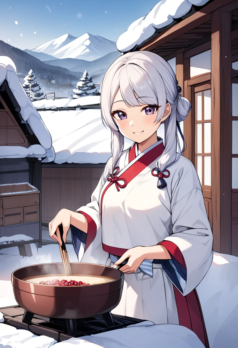 "A beautiful young Korean woman in a traditional hanbok, standing in a peaceful mountain village. She is smiling gently while preparing red bean porridge in a small wooden kitchen. The background features a snowy winter landscape, with smoke rising from the chimney of a humble cottage."