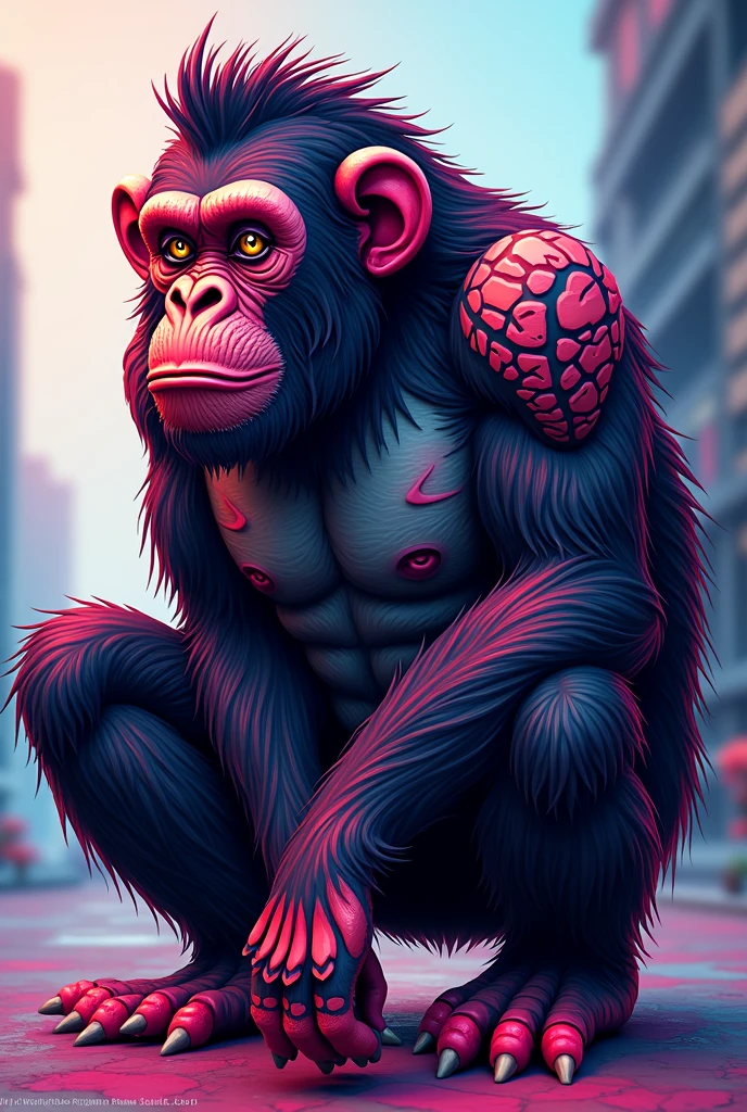 (bright colors,vector style:1.2),detailed,futuristic monkey,cyberpunk Planet of the Apes,t-shirt,futuristic clothing,3D anime image style, high quality,detailed monkey face,Advanced technologies, vibrant colors, metallic textures, scenery urban, neon lights, Cityscape, Sci-fi elements, sharp focus, professional, vector art, digital illustration, sharp lines, FUTURISTIC CITY, Technological advancements, dynamic poses, captivating composition, exaggerated proportions, creative angles, bold designs, visually stunning, master piece:1.2