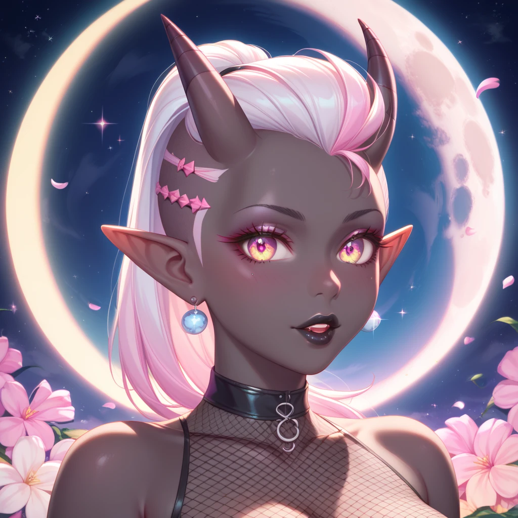 score_9, score_8_up, score_7_up, ((Masterpiece)), ((highres)), ((1person, 1girl, 1female)), Random poses, beautifully detailed succubus girl, ((pastel moon background)), white mohawk w/ponytail, defined elf ears with ear guages, defined eyes, pastel iris, long eye lashes, defined nose, black lipstick, curvy, fishnet, (((Black skin))), black demon horns, breasts, night sky, pastel gothic style, gothic style art, gothic asthetic
