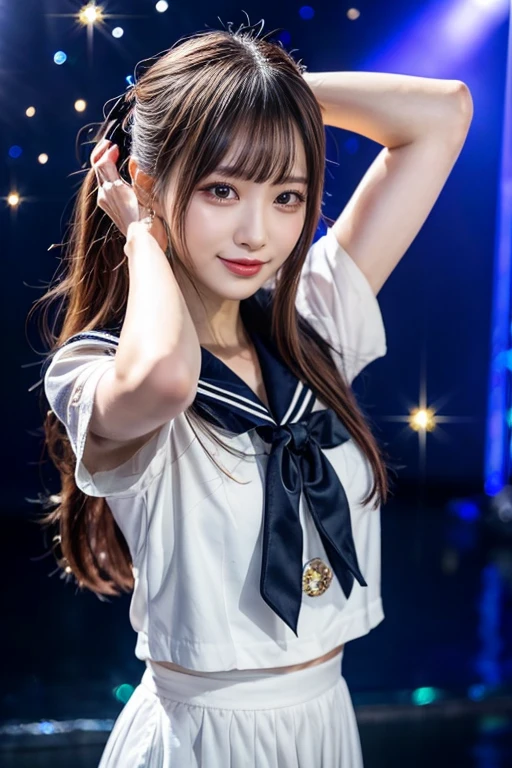 (RAW photo、highest quality)、(realistic、Photoreal:1.3)、highest quality、masterpiece、very delicate and beautiful、A hvery detailed、nffsw、sense of oneness、2k wallpaper、growing up、Beautiful in every detail、masterpiece、light smile、highest quality、Hvery detailed ticker Unity 8K wallpapers、huge file size、Super detailed、High resolution、very detailed、((Euphoric look))、((orgasm:1.2))、((smile:1.15))、((sweating:1.4))、((translucent:1.55、A sailor suit-style bodysuit with a collar that sticks to your skin and makes your silhouette look beautiful..:1.6))、white and pink、ribbon、Sailor Hut、double ruffle garter、super cute girl、10th generation、Part of an idol group、(((At concerts「ザ☆ピ〜s!」dancing)))、(spread your legs wide), (Pull your hips back), (Arch the upper body), and place your left hand on your hip.、Right hand salutes with two fingers、Hair is moving、spotlight of、professional lighting、cinematic light、Three-dimensional、viewer'perspective、視聴者のperspective、