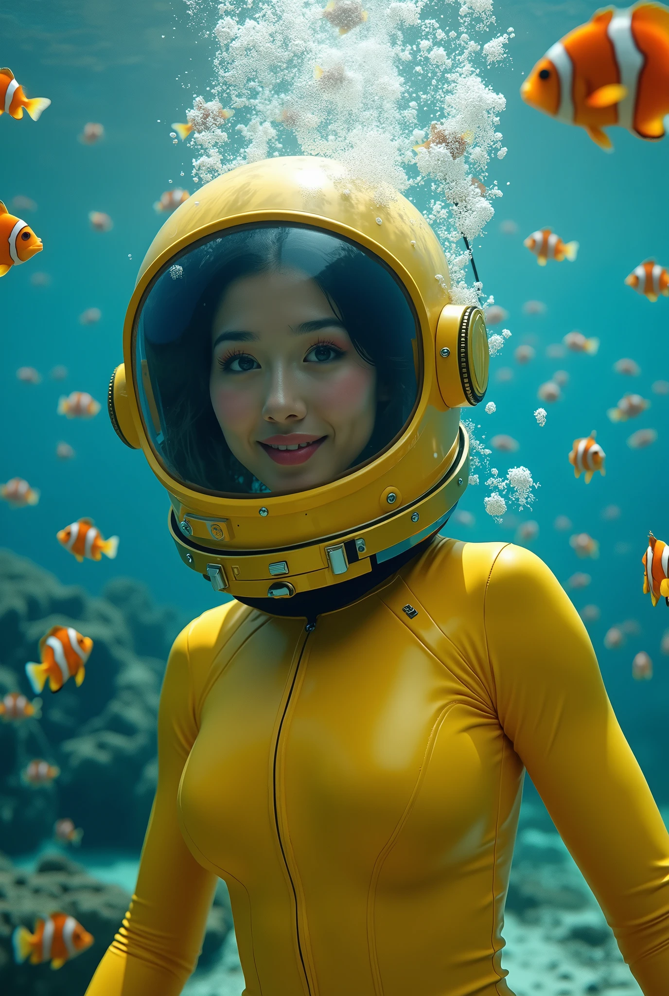 There is a woman in a yellow diving suit and a fish - SeaArt AI