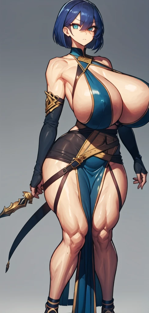 (Matte texture), (full body), 1 girl, (blue hair), (short bob), (long eyelashes), (sharp eyes), (detailed eyes:1.3), (tall:0.8), (sensual body), (wide shoulder:1.2), (gigantic breasts:1.65),  (thick thigh:1.1), (wide hip:1.1), (assasin costume), (simple white backbround), weapon, emphasize the breasts, masterpiece, high quality, high detailed