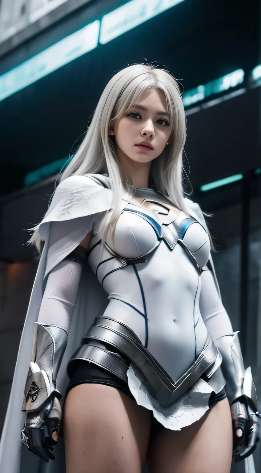 (White Superhero Theme Supergirl),( Apocalyptic city destroyed:1.4),(superchica:1.4), (gray white hair ),More detailed 8K.unreal engine:1.4,UHD,La Best Quality:1.4, photorealistic:1.4, skin texture:1.4, Masterpiece:1.8,first work, Best Quality,object object], (detailed face features:1.3), (Detailed hands:1.4),  with skirt and cape waliking in apocalyptic mecha destroyed city warfare damage vehicles in background cowboy view from below