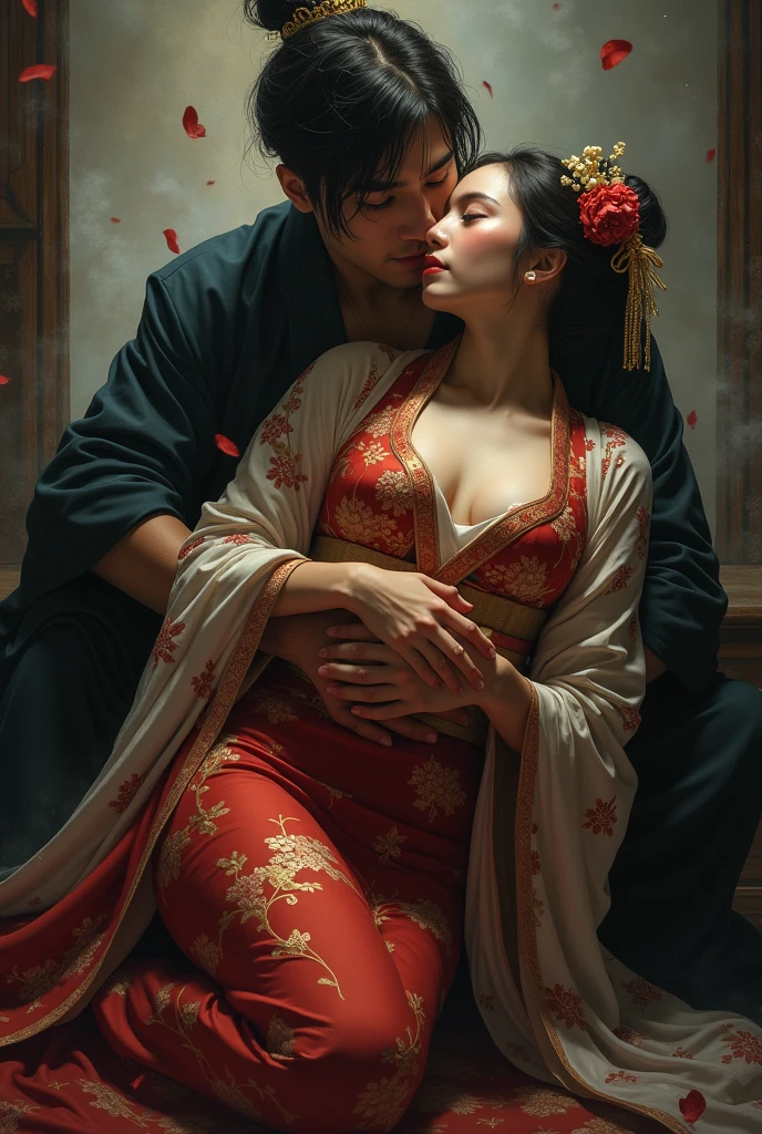 Highly shiny embroidery、Princess in a cheongsam with a crumpled red long-sleeved raincoat、Having ??? with the emperor while writhing around on the bed