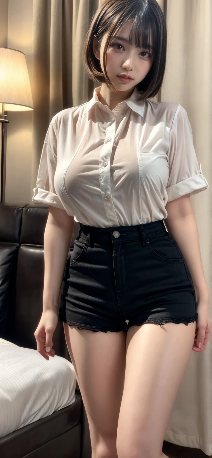 Beautiful 18 year old brunette girl with big earrings wearing a transparent blouse and high waisted denim shorts with a belt showing her belly button in a T shape with thick legs