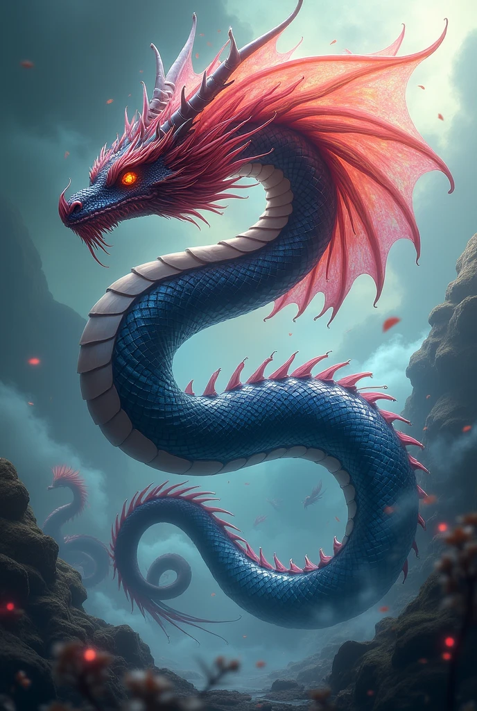 chineseDragon, nube, sin humanos, Dragon, nubey sky, sky, gaping mouth, blue colored eyes, scales, fangs, language, monstr, teeths, antlers, standing alone