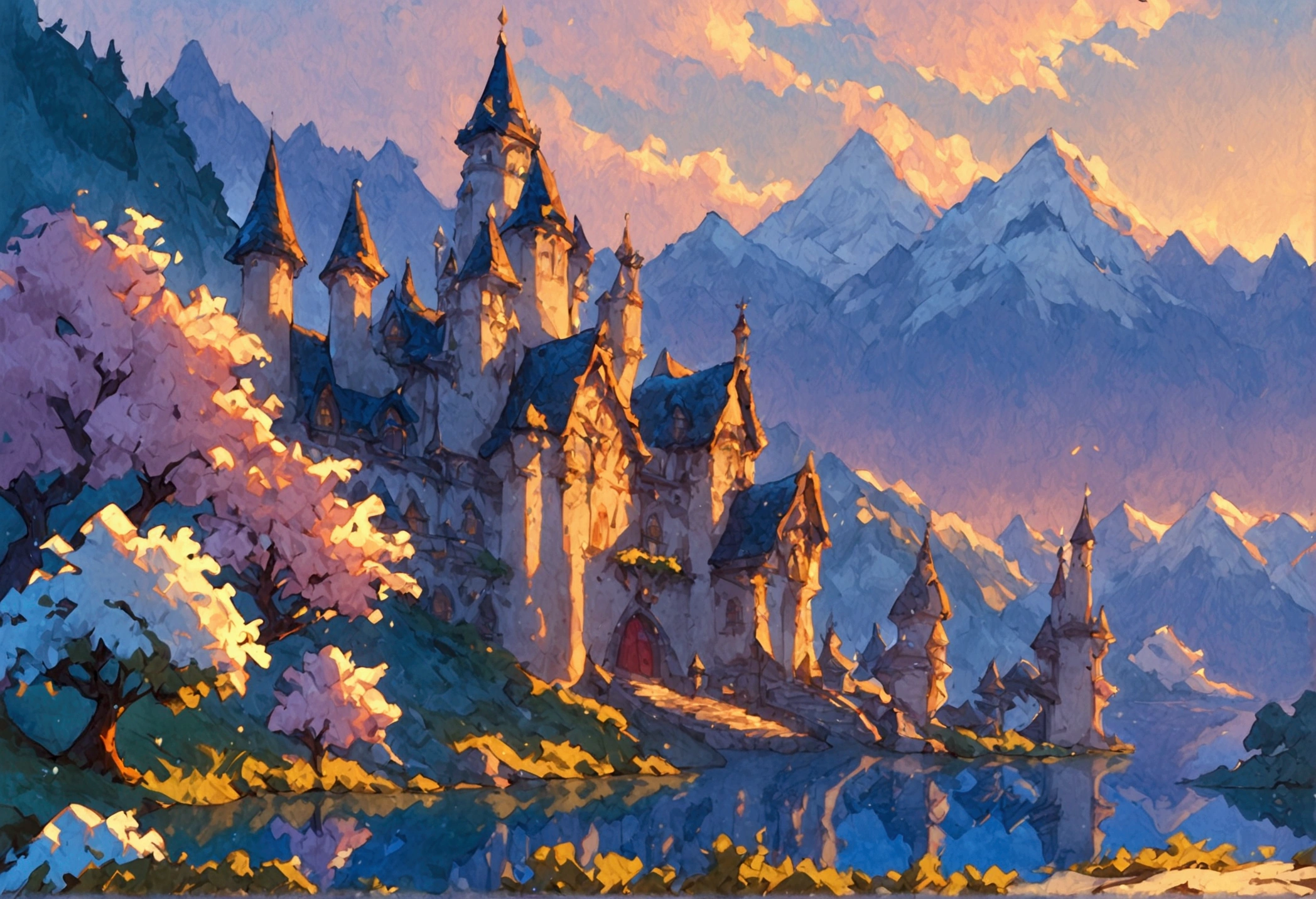 score_9, score_8_up, score_7, a water reflection scenic art of a medieval town with a castle, temple, towers,  sitting on the bank of a lake, behind it there isa snowy mountain, along the bank there are blossoming cherry trees, it is dawn and the sun is rising