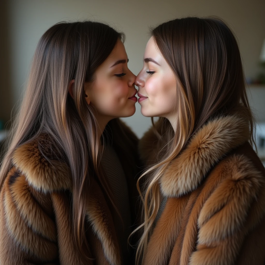 2 young girls, beautiful, immaculate, beautiful, kissing, knit sweaters 