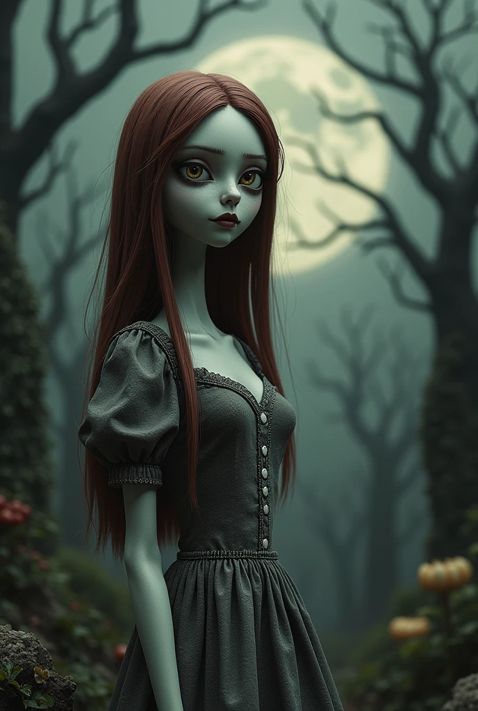 Sally, colored skin,stitches,long red hair, stitched face, lips,makeup, small pupils, solo standing, big eyes, close up, upper body,
dress,underwear, 
garden, night time, dead plants, moonlight, (insanely detailed, beautiful detailed face, masterpiece, beautiful detailed eyes, best quality) 
 <lora:Sally-10v2:0.9>