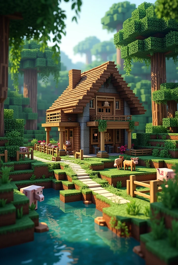 Create a Minecraft jungle house and add some animals farm
