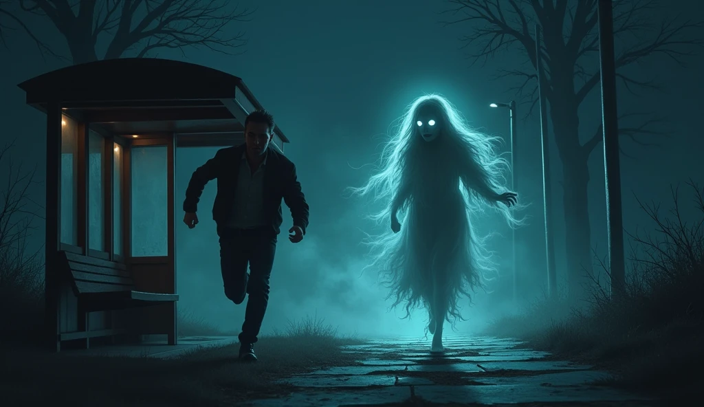 A spooky village scene at night with a young man sprinting down a misty path, fear etched on his face. Behind him, the haunting figure of an old woman with a twisted, malicious smile and bloodshot eyes slowly approaches, her hand outstretched as if to grab him. The moon casts eerie shadows, enhancing the chilling mood."