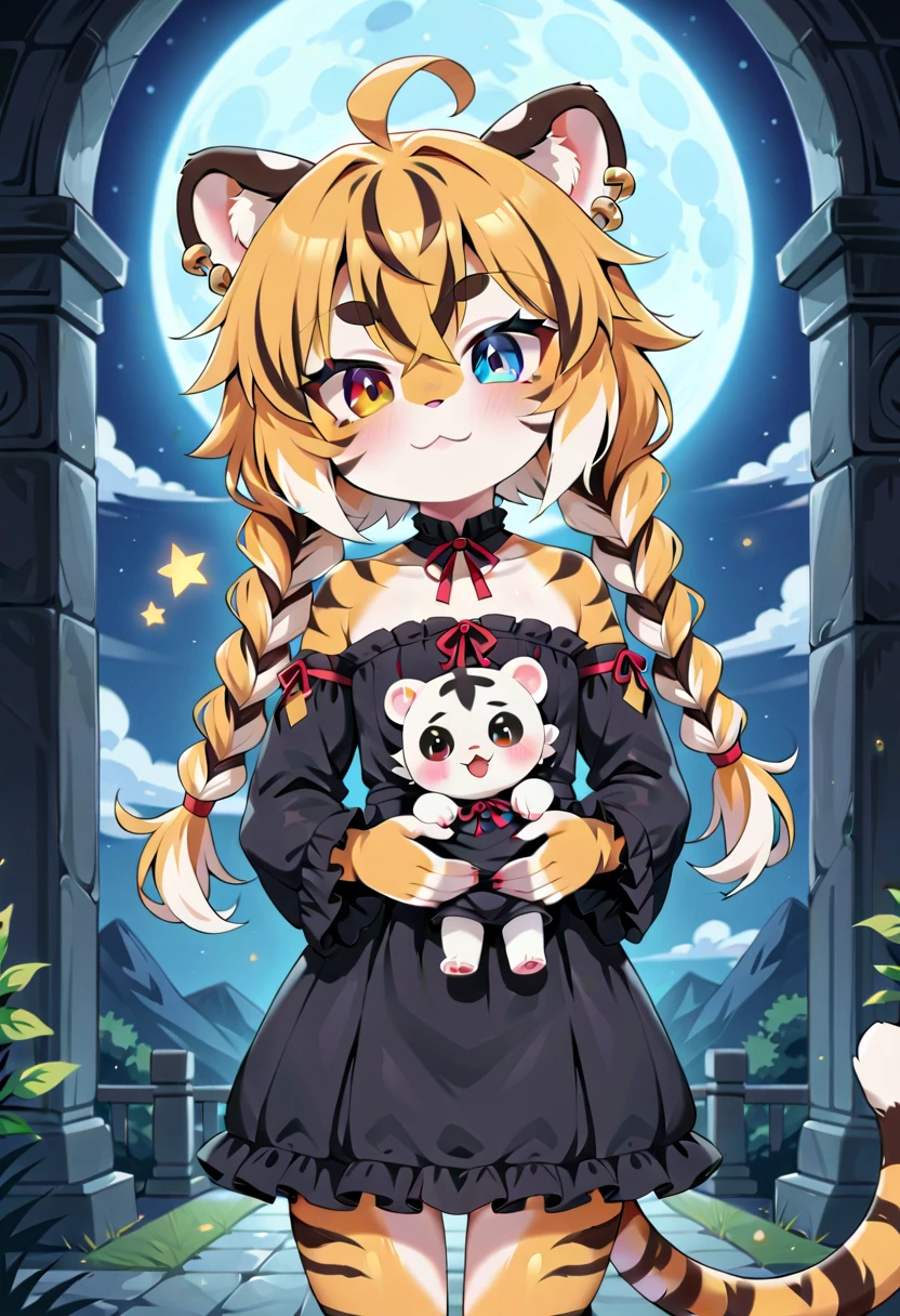 masterpiece, high resolution, best quality, (furry tiger girl, baby body, baby height, flat chest, animal face, animal skin, animal fur, tiger ears, tiger tail), heterochromia, multicolored hair, twin braids, piercing, makeup, tattoo, goth ****ta dress, fear, walks through an ancient cemetery, night, falling stars, moon