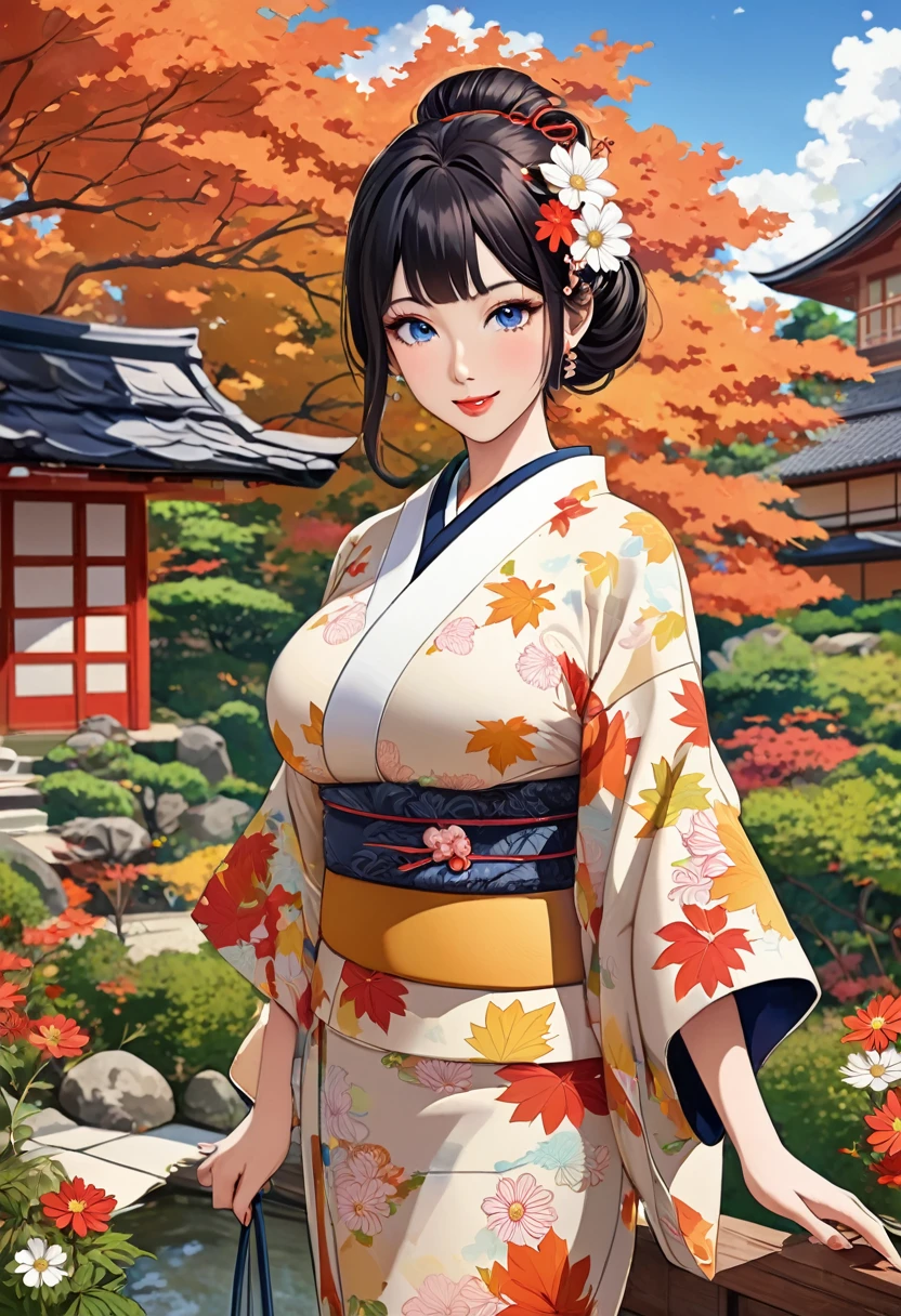 (  best quality ,   kampala, masterpiece, 8k),    beautiful Japanese women who look great in kimonos ,   Japanese clothes with quiet colors and patterns , round brown ～ black hair  ,    beautiful eyes ,  beautiful lips,   beautiful and well-formed face  ,  Detailed and delicate depiction,  Look at me and smile ,  Big Breasts ,   Biologically healthy body  ,  Japanese Garden ,  Japanese style hotel, Autumn season,   Autumn leaves are beautiful  ,   Autumn flowers are blooming  ,  Seuss looks like a monkey   ,     cosmos flowers are blooming  ,   bright color,  blue sky,   White Clouds  ,   Detailed Illustration Art ,   most beautiful Japanese painting style creations and depictions ,  (Autumn season,   Autumn leaves are beautiful  ), 