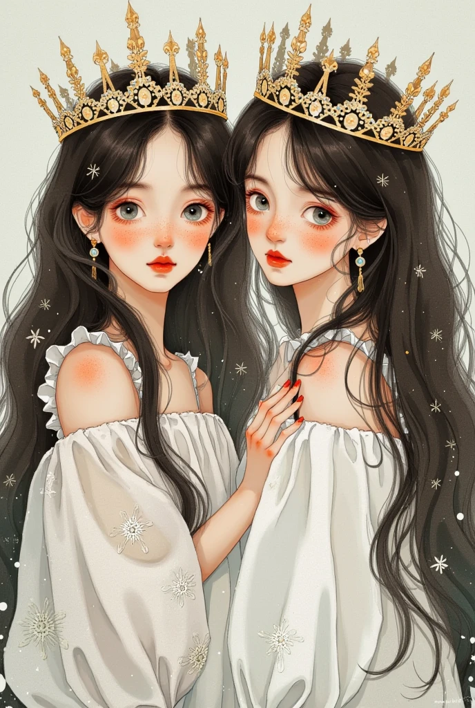  two women with long hair，Wearing a crown on his head, Anime drawings inspired by Kim Jong-hee, tumblr, Serial Art, Lovely art style, movie illustration, Illustration style, lofi art style, Anime atmosphere, ig工作室动漫风格, Lo-Fi Girl aesthetic, Painting style, Lo-Fi Girl, beautiful Painting style, Style Anime, artstrationTrend 