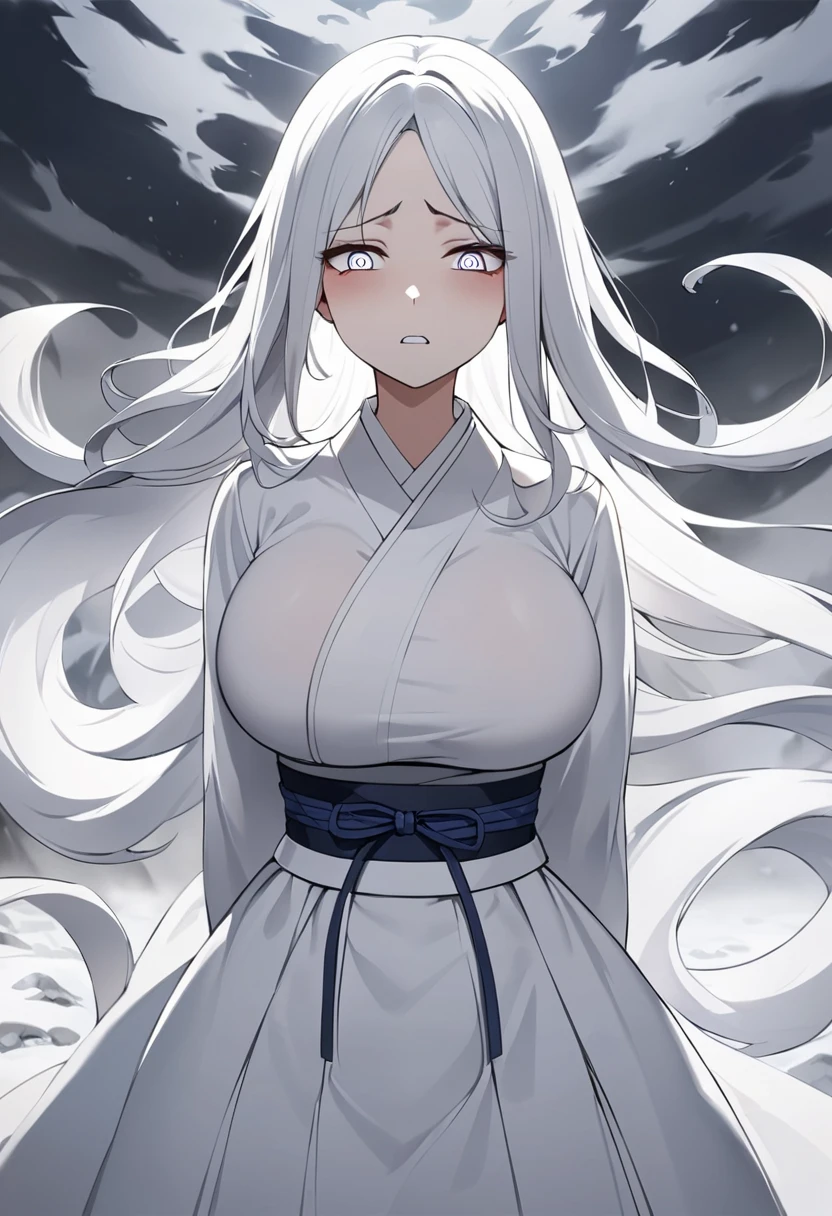 A ghostly Korean woman in a white hanbok, with long white hair flowing wildly and pale, white haunting eyes. She stands on a snowy mountain path under a dark, cloudy sky. Her expression is filled with sorrow and rage, and her translucent form appears to blend with the mist surrounding her. Big tits.