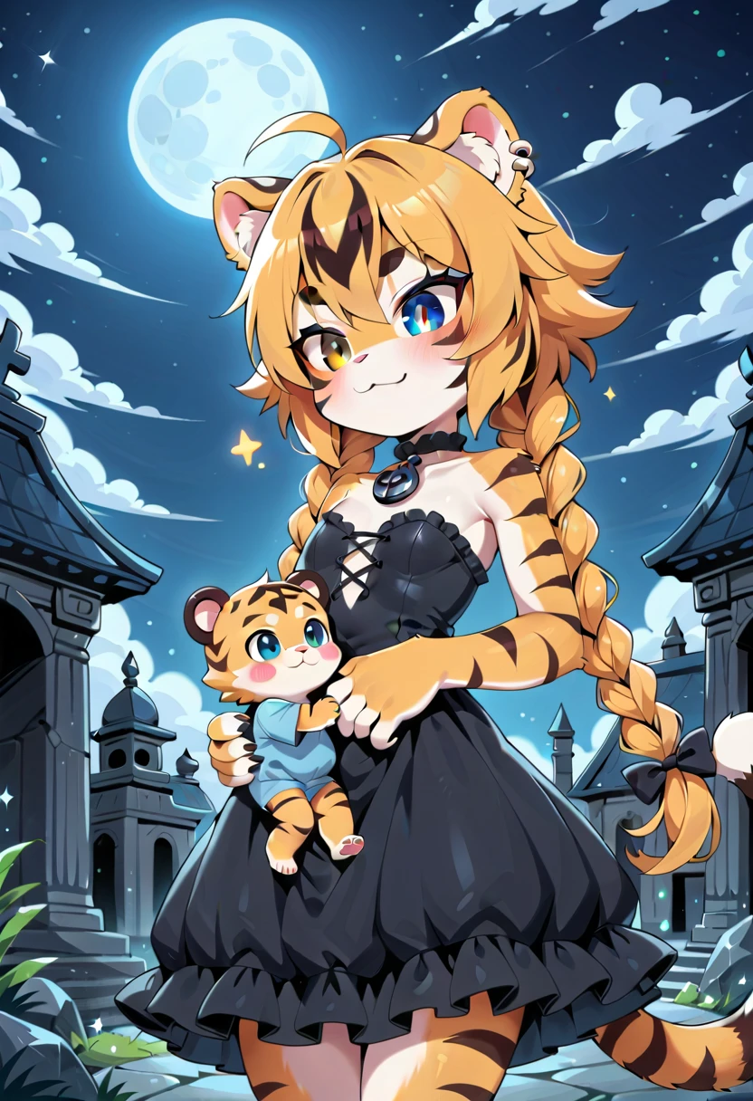 masterpiece, high resolution, best quality, (furry tiger girl, baby body, baby height, flat chest, animal face, animal skin, animal fur, tiger ears, tiger tail), heterochromia, multicolored hair, twin braids, piercing, makeup, tattoo, goth ****ta dress, fear, walks through an ancient cemetery, night, falling stars, moon