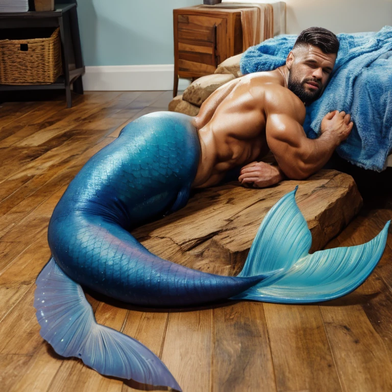  Muscular male bodybuilder with blue muscular mermaid tail. Lying and sleeping on a wood floor. He is oiled ,  wet and oily . Sexy back and ass . black hair, black beard. It's raining