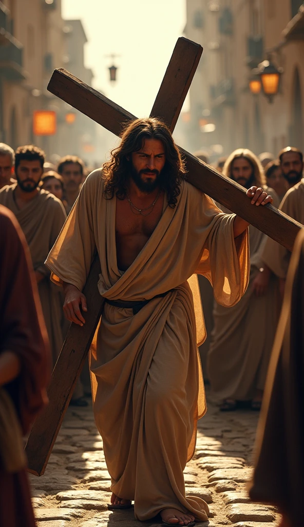 Black Jesus carrying the cross through the streets and suffering on his knees