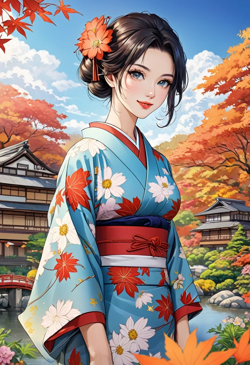 (  best quality ,   kampala, masterpiece, 8k),    beautiful Japanese women who look great in kimonos ,   Japanese clothes with quiet colors and patterns , round brown ～ black hair  ,    beautiful eyes ,  beautiful lips,   beautiful and well-formed face  ,  Detailed and delicate depiction,  Look at me and smile , Mid-chest,   Biologically healthy body  ,  Japanese Garden ,  Japanese style hotel, Autumn season,   Autumn leaves are beautiful  ,   Autumn flowers are blooming  ,  Seuss looks like a monkey   ,     cosmos flowers are blooming  ,   bright color,  blue sky,   White Clouds  ,   Detailed Illustration Art ,   most beautiful Japanese painting style creations and depictions ,  (Autumn season,   Autumn leaves are beautiful  ), 