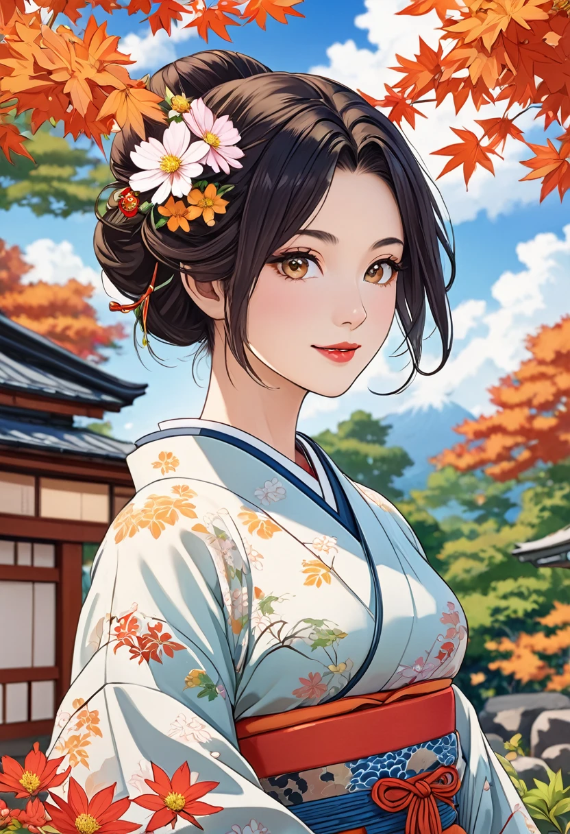 (  best quality ,   kampala, masterpiece, 8k),    beautiful Japanese women who look great in kimonos ,   Japanese clothes with quiet colors and patterns , round brown ～ black hair  ,    beautiful eyes ,  beautiful lips,   beautiful and well-formed face  ,  Detailed and delicate depiction,  Look at me and smile , Mid-chest,   Biologically healthy body  ,  Japanese Garden ,  Japanese style hotel, Autumn season,   Autumn leaves are beautiful  ,   Autumn flowers are blooming  ,  Seuss looks like a monkey   ,     cosmos flowers are blooming  ,   bright color,  blue sky,   White Clouds  ,   Detailed Illustration Art ,   most beautiful Japanese painting style creations and depictions ,  (Autumn season,   Autumn leaves are beautiful  ), 