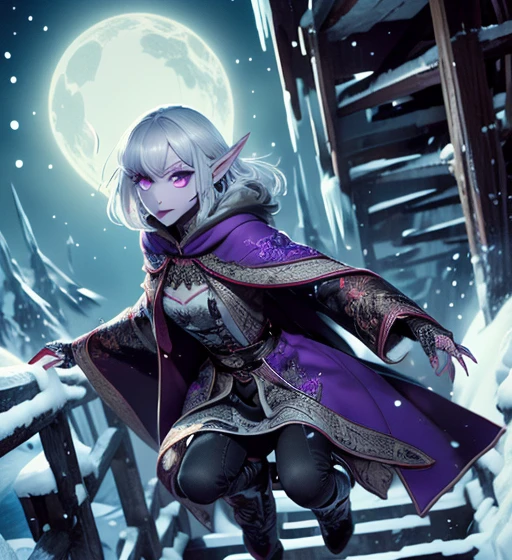 ( Super Detailed Face ,  looking sideways,  gothic fantasy illustration , Ukiyo-e, Comic art), 
break 
(Dark Elf: これらの中年Dark Elfの女性は銀髪をしている,  Short Bang , Bob Hair, dark purple skin, Lavender eyes.), 
break 
(Frozen Silver:  she wears a high collar cloak and red wool work clothes with lace and embroidery.), 
break 
(jumping: She jumps ( speedline ) Down a very tall ice staircase、With big action and bold poses.), 
break 
(Frozen Silver: This is extreme cold in the Far North . A snowstorm is raging、The snow is falling heavily.)， owl under guard