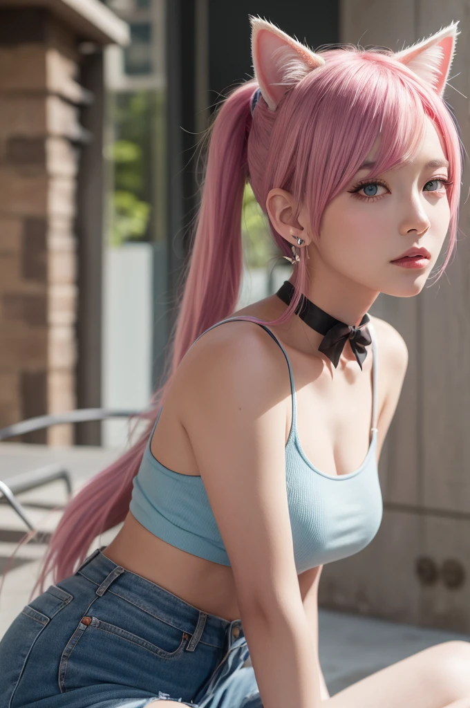 (A beautiful girl wearing a blue T-shirt and a red checked miniskirt is wearing headphones and singing loudly into a fixed microphone in a recording studio, and the image is posted on social media.) (The beautiful girl is 17 years old, 18% Japanese, 26% French, 56% Ukrainian, 178 cm tall, has a small bust but a good figure and a beautiful, well-balanced figure.) (Her hair is very long and pink ash gray, tied in twin tails with black ribbons, and curls in a spiral toward the ends.) (Her eyebrows are the same color as her hair, thin, slightly thick, and short, and her eyelashes are long.) (Her large blue eyes reflect the light of the lighting and are amazingly beautiful like pearls.) (Her nose bridge is high like an English person, her lips are plump and shaped so that you want to kiss them, her skin is translucent white, and the balance between her head and face is traditionally Japanese.) Aesthetics. The number of fingers is also noteworthy, but not too many or too few, and very delicately drawn down to the toes. (Single, Masterpiece, Super Detail, Top Quality, Artistic Composition, Ultra Precision, Realistic, Photorealistic, High Resolution, Dynamic Lighting Effects, Consider the Proportions of the Overall Composition, Hyperrealistic). Try to emphasize facial expressions and features. Do your best to meet all of these criteria.pixiv.