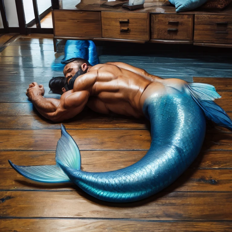  Muscular male bodybuilder with blue muscular mermaid tail. Lying and sleeping on a wood floor. He is oiled ,  wet and oily . Sexy back and ass . black hair, black beard. It's raining