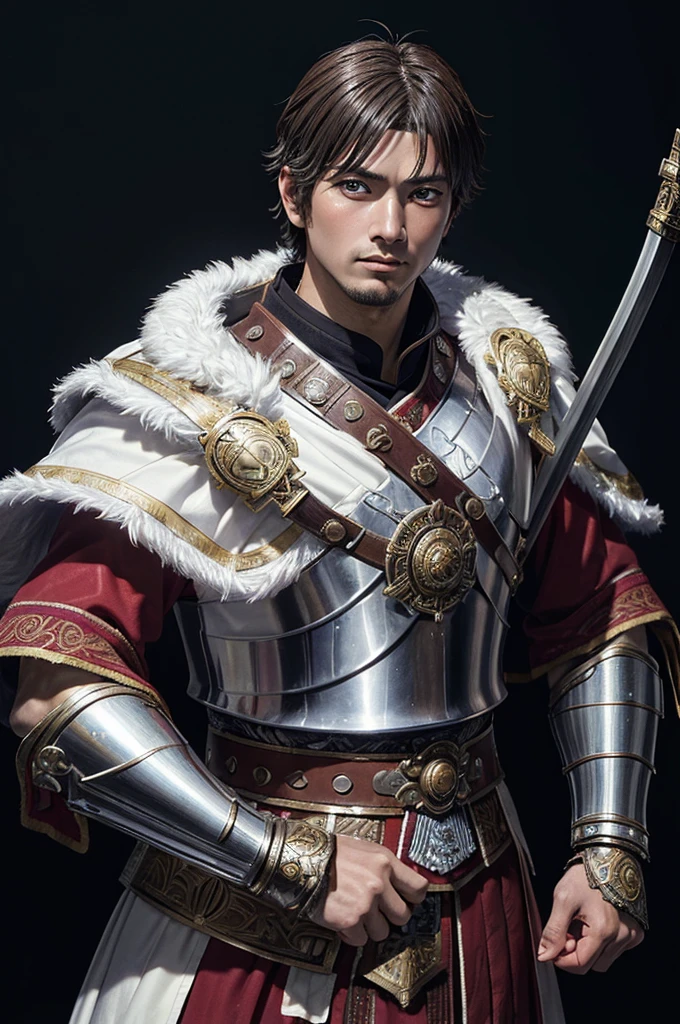  best quality,  masterpiece,  highest resolution， (Roman senator) ， (Roman Officer Centurion Historical Armor), （battlefield_background），A man holding a bow，elder， white cloak， Anime Style , Tsuyoshi Nagano Style， Nobunaga's Ambition illustration style，（4K）, Alone， ((whole body)) ，  looking at camera,  hyperdetail , ( intricate details ),