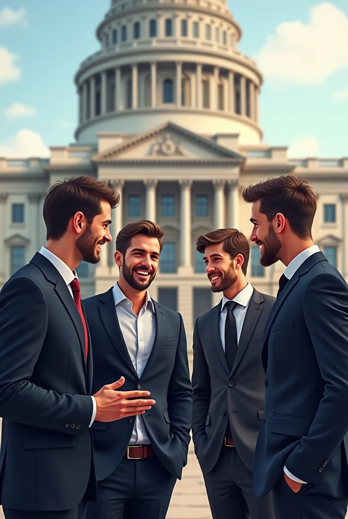 Political Men 4 young male politicians are sitting in front of parliament and ...