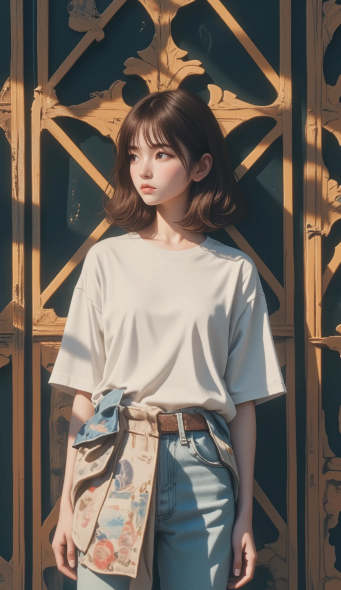  geometric pattern background :1.3、 dark color、 cute girl hair、 Look Away、white baggy Ｔ shirt、プリント shirt、 loose closure 、Retro、 best quality、 super detailed、High quality details、green