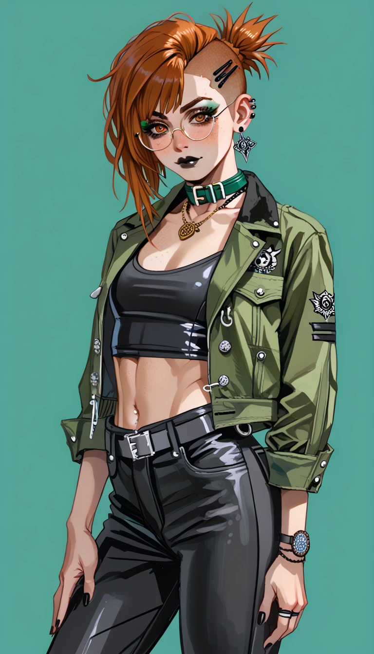 1boy;Androgynous;auburn punk undercut hair;gold eyes;freckled skin;toned,athletic body;black lip gloss;black eyeliner;green eyeshadow;sharp black nails;round glasses;black tight full shirt;black cargo pants;green belt;Green distressed Canvas Jacket;Combat Boots;amber pendant;green collar;pierced ears;GothMOONXL
