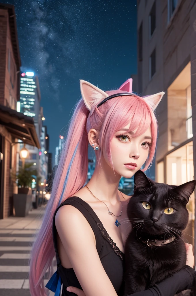 Pink hair anime girl with kitten and stuffed animal, artwork in the style of guweiz, realistic anime 3 d style, Anime style. 8K, cute anime catgirl, kawaii realistic portrait, Anime Realism Style, anime styled 3d, 3 d anime realistic, Very Beautiful Anime Cat Girl, guweiz, beautiful anime catgirl