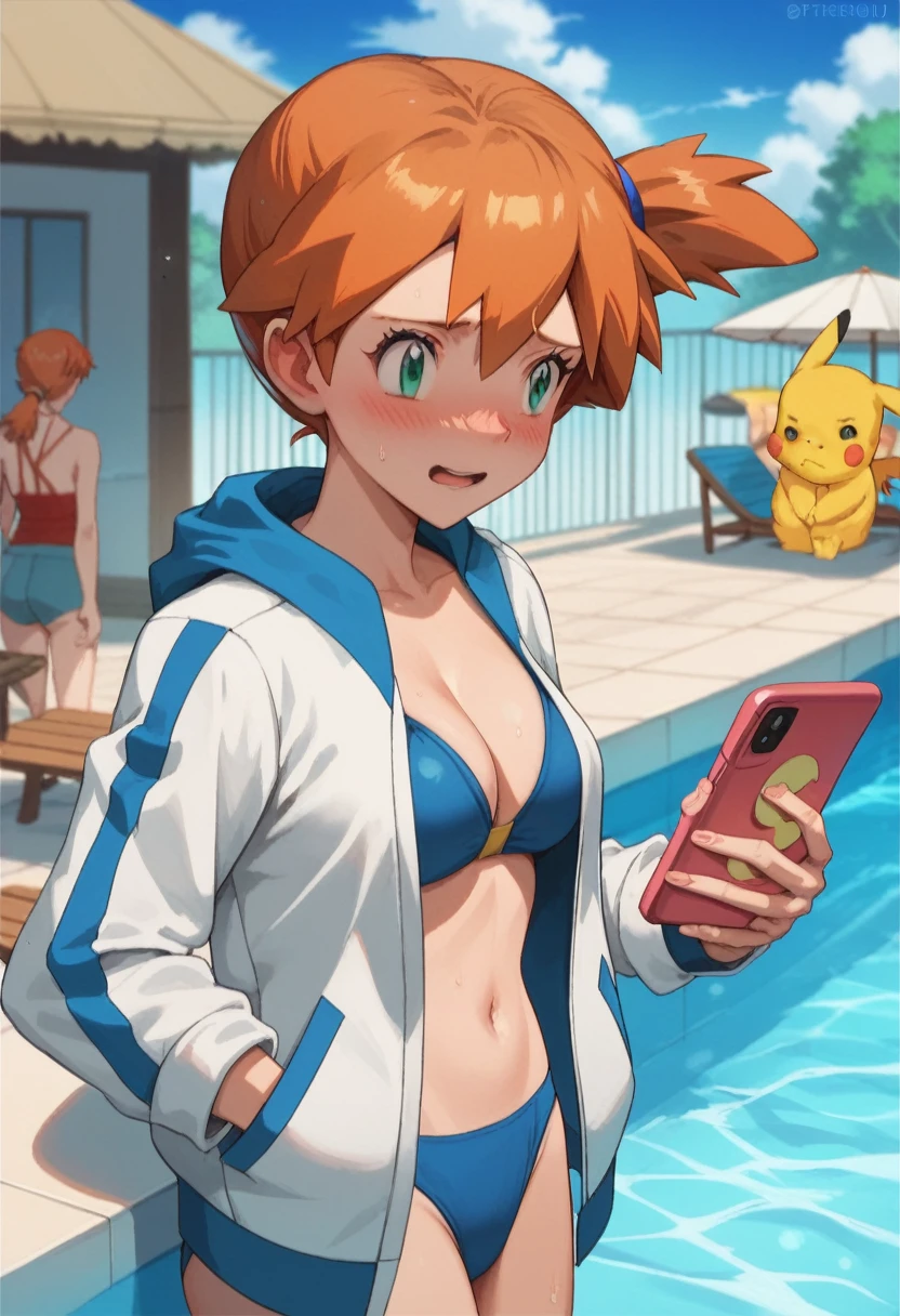 1girl, 1girl, misty pokemon, orange hair, green eyes, on the edge of a pool, open white hoodie jacket, blue swimsuit, blue bikini, pretty, beautiful girl, looking at her cellphone, holding_cellphone, red_face, flushed, embarrassed