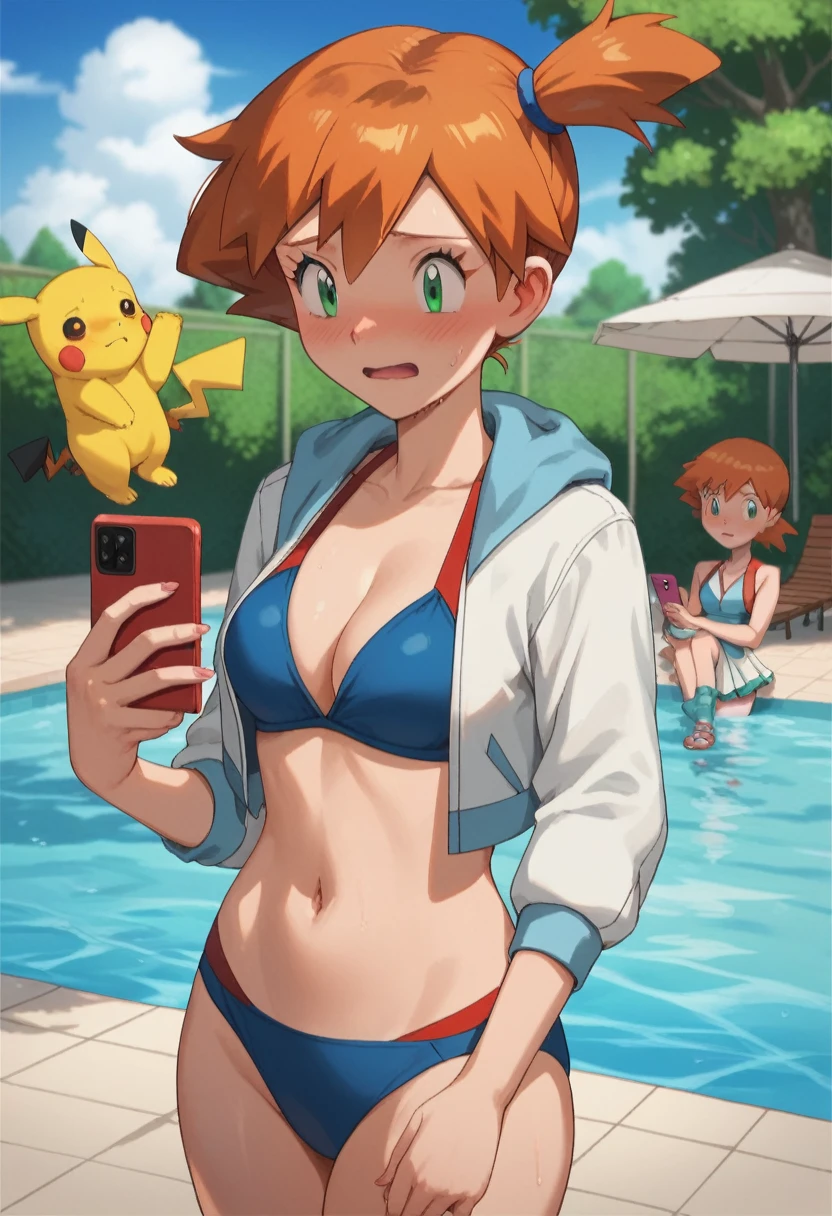 1girl, 1girl, misty pokemon, orange hair, green eyes, on the edge of a pool, open white hoodie jacket, blue swimsuit, blue bikini, pretty, beautiful girl, looking at her cellphone, holding_cellphone, red_face, flushed, embarrassed