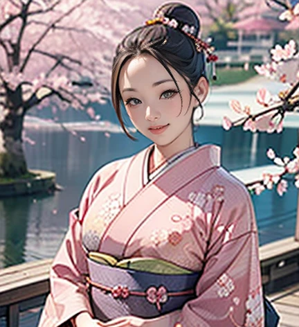 (masterpiece),( best quality),( Very detailed),( high definition ),8k, wallpaper, one woman,A woman is standing, elegant ,kimonoの写真撮影,(((whole body))),(Hair Bun),smile,( A beautiful Japanese pattern furunzel),((( The background is a cherry blossom pattern .))),((kimono))， owl under guard，