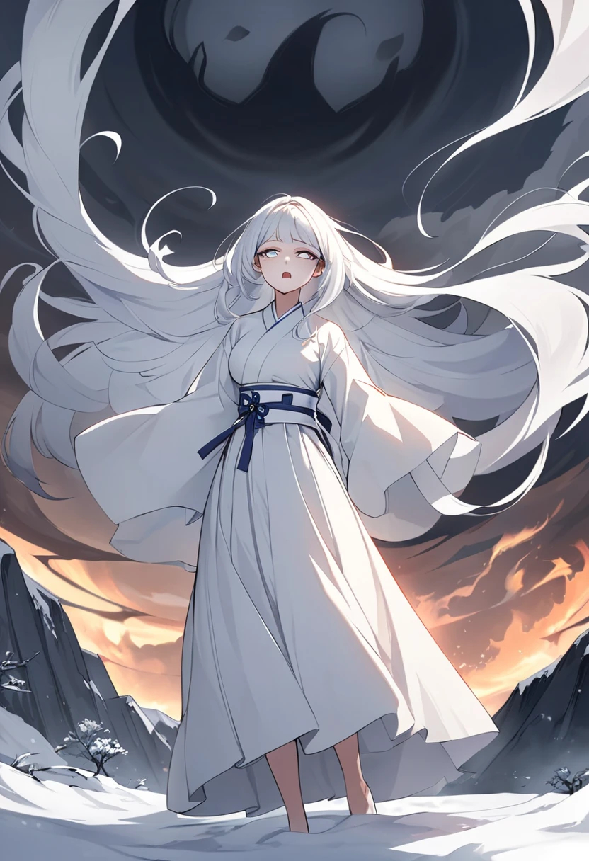 A ghostly Korean woman in a white hanbok, with long white hair flowing wildly and pale, white haunting eyes. She stands on a snowy mountain path under a dark, cloudy sky. Her expression is filled with sorrow and rage, and her translucent form appears to blend with the mist surrounding her. Big tits.