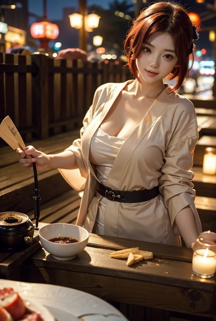Hot girl, wine color hair, green eyes, full black kimono