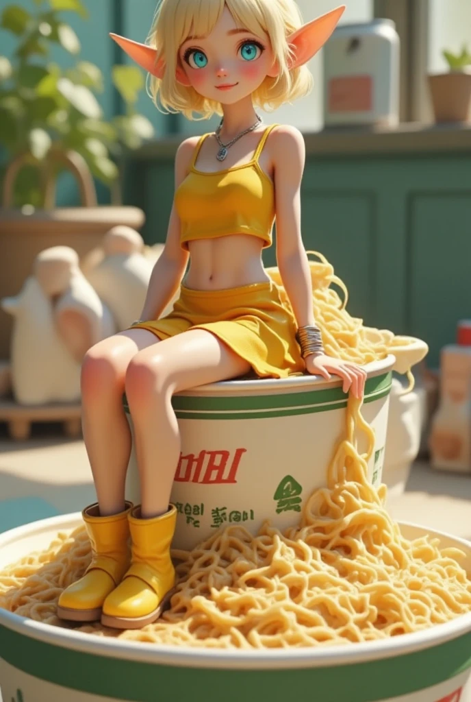 A big Cup noodles with the lid closed, a small miniature elf PVC figure sitting on the edge of the lid, blonde pixie cut, azure eyes, Pointy Ears, silver necklace, yellow camisole, yellow mini skirt, yellow short boots, smile, super realistic, Tilt lens photography