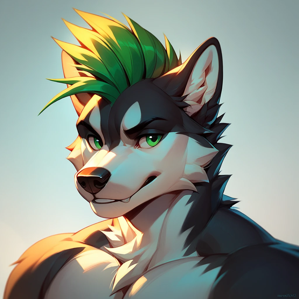 A male wolf husky mix with white fur on his face and black fur framing his face he has green eyes and curly green Mohawk 