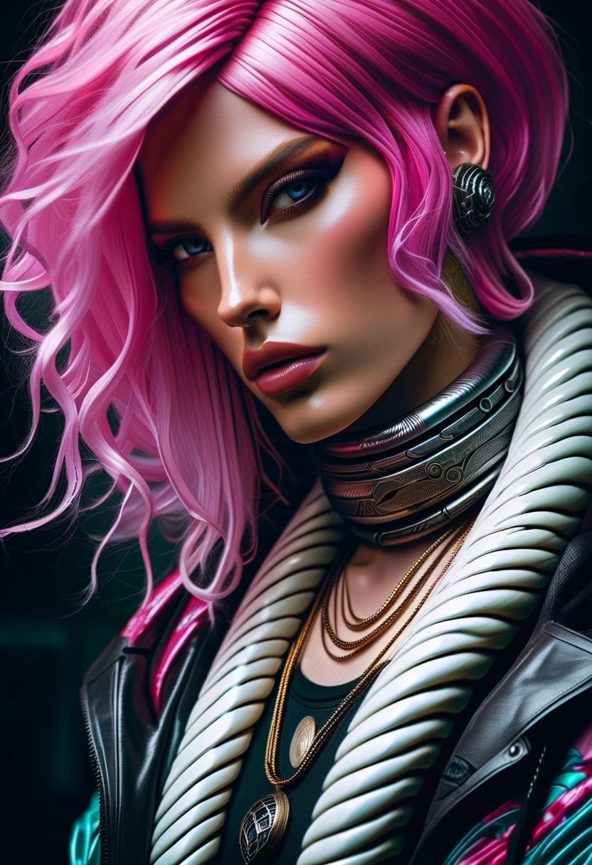 "(1girl), blush, punk fashion, intense gaze, colorful eyeshadow, tousled hair, rebellious attitude"