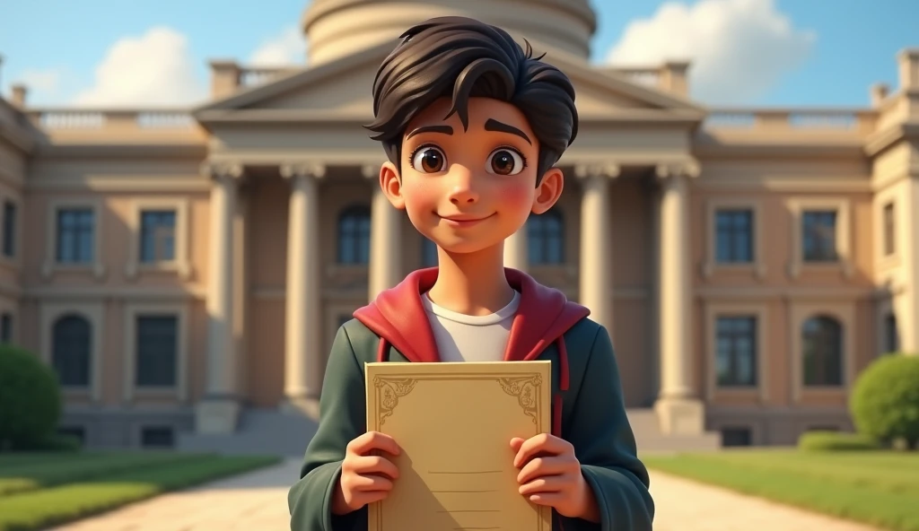 Prompt: A prestigious university building with grand architecture. Ali stands at the entrance, holding a letter of acceptance. His expression is one of awe and excitement, with the university’s name visible on the letter or a nearby sign. Other students are seen walking around, symbolizing the new chapter in Ali's life.