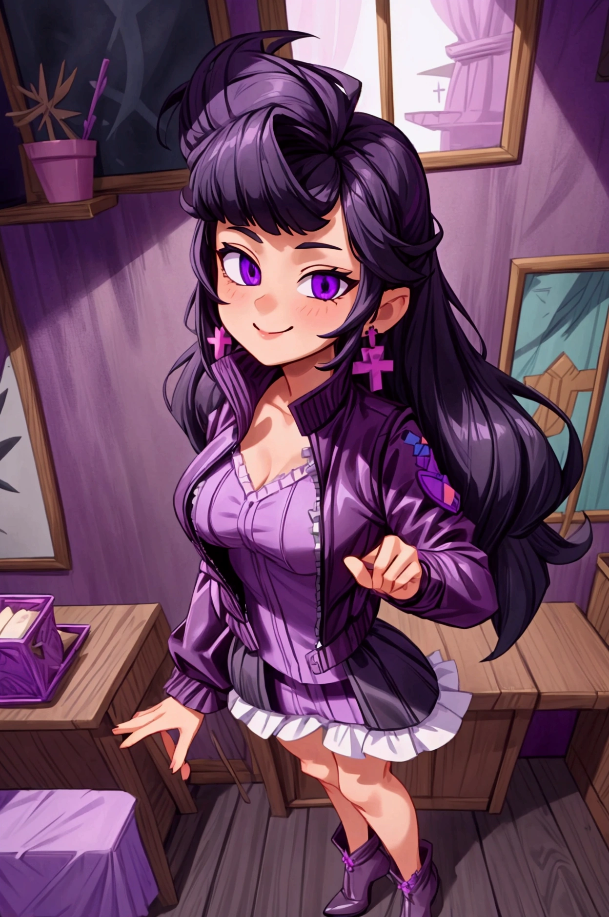 (Masterpiece, best quality) 1 girl, black hair, medium long hair, purple eyes, standing indoors with intricate details and sunlight. Purple frilled dress with short neckline, dark black biker jacket vest, black heels, cross earrings. Sweet smile, sexy pose, coquette, beautiful legs, mature body, gorgeous, pronounced breasts