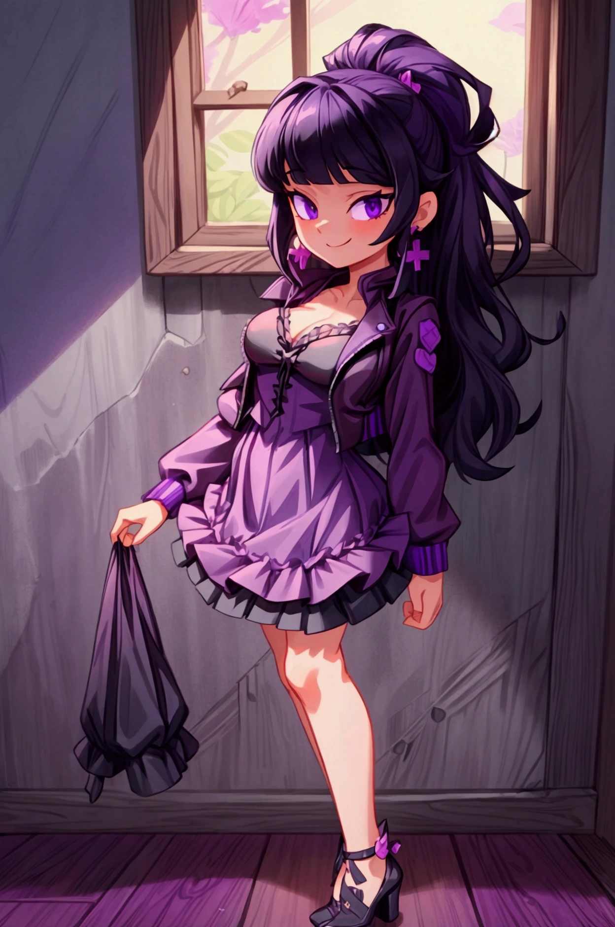 (Masterpiece, best quality) 1 girl, black hair, medium long hair, purple eyes, standing indoors with intricate details and sunlight. Purple frilled dress with short neckline, dark black biker jacket vest, black heels, cross earrings. Sweet smile, sexy pose, coquette, beautiful legs, mature body, gorgeous, pronounced breasts