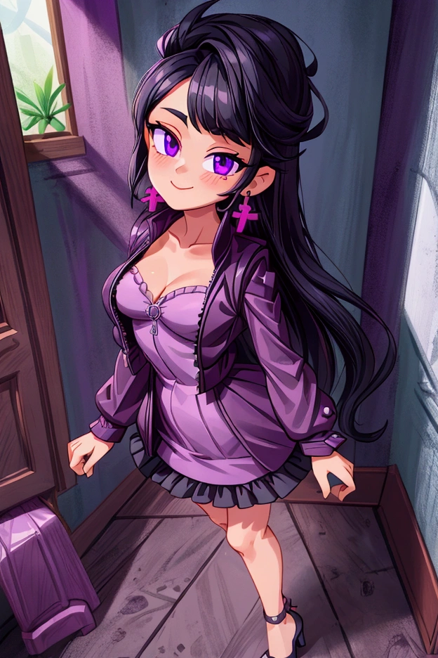 (Masterpiece, best quality) 1 girl, black hair, medium long hair, purple eyes, standing indoors with intricate details and sunlight. Purple frilled dress with short neckline, dark black biker jacket vest, black heels, cross earrings. Sweet smile, sexy pose, coquette, beautiful legs, mature body, gorgeous, pronounced breasts