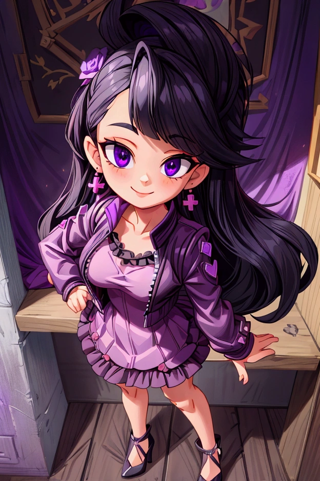 (Masterpiece, best quality) 1 girl, black hair, medium long hair, purple eyes, standing indoors with intricate details and sunlight. Purple frilled dress with short neckline, dark black biker jacket vest, black heels, cross earrings. Sweet smile, sexy pose, coquette, beautiful legs, mature body, gorgeous, pronounced breasts