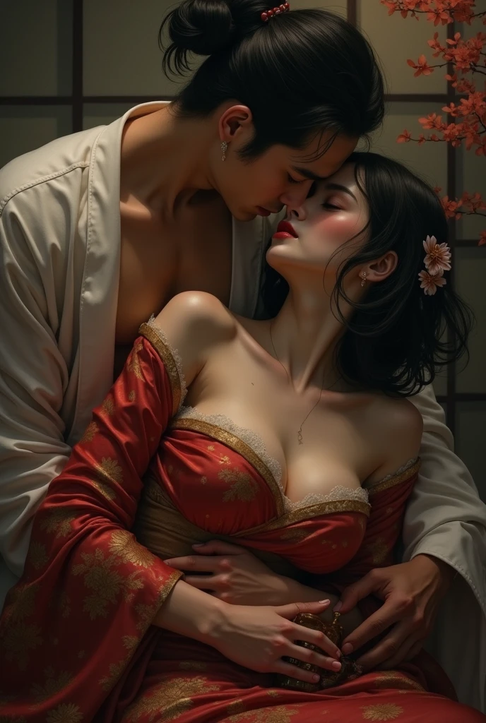 A beautiful young woman with a fierce expression, naked and revealing the proportions of a Han Fu dynasty official, grabbed the old man&#39;s head and pressed it against her stomach.