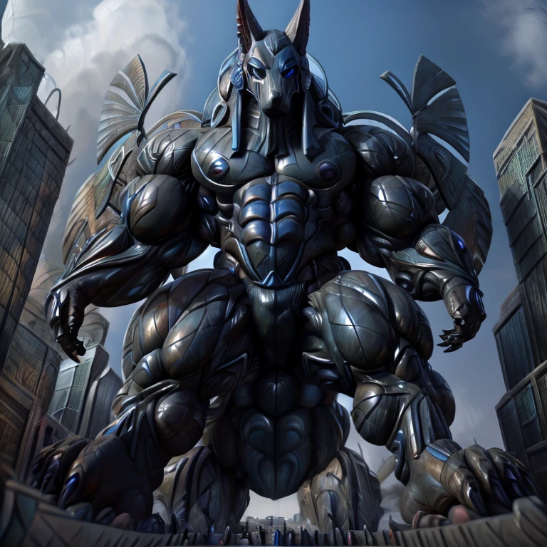 - stargatejackal wearing a latex muscle suit.
- masterpiece. official art. 8k. best quality. detailed full body. full body.
- black latex muscle suit. latex Muscle Suit. The whole body is black.
- no face. wearing a full-face helmet. helmet is jet black.

- He with 4 arms.
- large muscles,  big muscle, huge muscles,  massive muscles,  glistening muscles, bulk up.
- dominating latex Muscle Suit. He has long legs. giantess.
- focus GIANT mechanical Muscular latex Muscle Suit is trampling the city. Looking down. macro. stomp. Low-angle perspective. emphasizing the immense size.
- Spread wings. It has wings. black have big wings.
- He has a black cape on his back.
- The nails are sharp. The nails are black. There are five fingers.
- The toenails are sharp. The toenails are black. There are five toes.
- He is wearing black boots. He is wearing black gloves. He is wearing black armor.

((There are no nipples.))