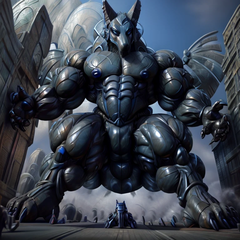 - stargatejackal wearing a latex muscle suit.
- masterpiece. official art. 8k. best quality. detailed full body. full body.
- black latex muscle suit. latex Muscle Suit. The whole body is black.
- no face. wearing a full-face helmet. helmet is jet black.

- He with 4 arms.
- large muscles,  big muscle, huge muscles,  massive muscles,  glistening muscles, bulk up.
- dominating latex Muscle Suit. He has long legs. giantess.
- focus GIANT mechanical Muscular latex Muscle Suit is trampling the city. Looking down. macro. stomp. Low-angle perspective. emphasizing the immense size.
- Spread wings. It has wings. black have big wings.
- He has a black cape on his back.
- The nails are sharp. The nails are black. There are five fingers.
- The toenails are sharp. The toenails are black. There are five toes.
- He is wearing black boots. He is wearing black gloves. He is wearing black armor.

((There are no nipples.))